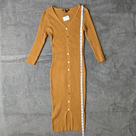 Women's Small Mustard Yellow Rib Knit Bodycon Button Up Dress with Slit - Picture 8 of 9